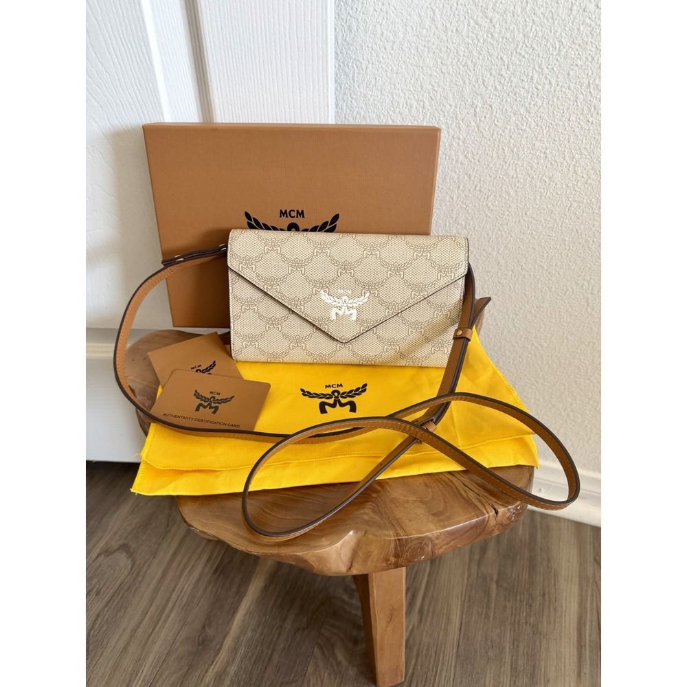 MCM Crossbody Bag Wallet on Strap NEW w Box Himmel Lauretos Coated Canvas Beige